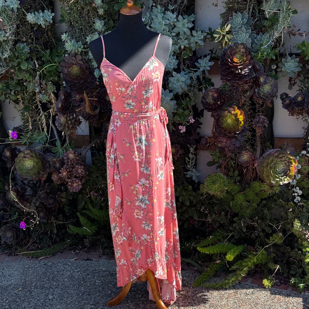 Floral Pink Spaghetti Strap Wrap Dress